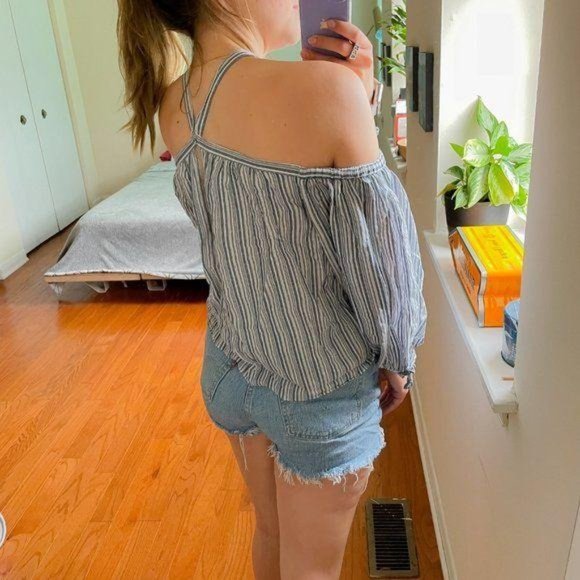 Rebecca Taylor Pinstripe Criss Cross Cut Out Top - Picture 5 of 9